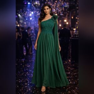 JJs House Emerald One-Shoulder Evening Gown